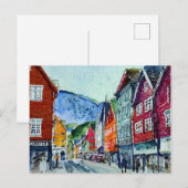 Carte Postale bryggen bergen norway aquarelle (Devant / Derrière)