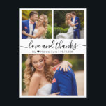 Carte Postale Budget Collage amour et merci Mariage Merci<br><div class="desc">Budget Minimal, moderne, élégant "Amour et merci" Script Photo Collage Mariage Postard. Un modèle carte de remerciements minimaliste mariage avec trois photos sur le devant et une photo sur le dos. Avec le texte "Amour et merci" dans une tourbillonnant typographie lettrée swash script de police de queue en noir sur...</div>