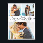 Carte Postale Budget Collage amour et merci Mariage Merci<br><div class="desc">Budget Moderne, élégant "Amour et merci" Script Photo Collage Mariage Merci Postard. Un modèle carte de remerciements minimaliste mariage avec trois photos sur le devant et une photo sur le dos. Avec le texte "Amour et merci" dans une tourbillonnant typographie lettrée swash script de police de queue en noir sur...</div>