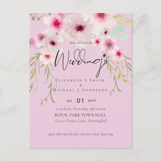 Carte Postale Budget du script de Mariage floral rose vif (Devant)