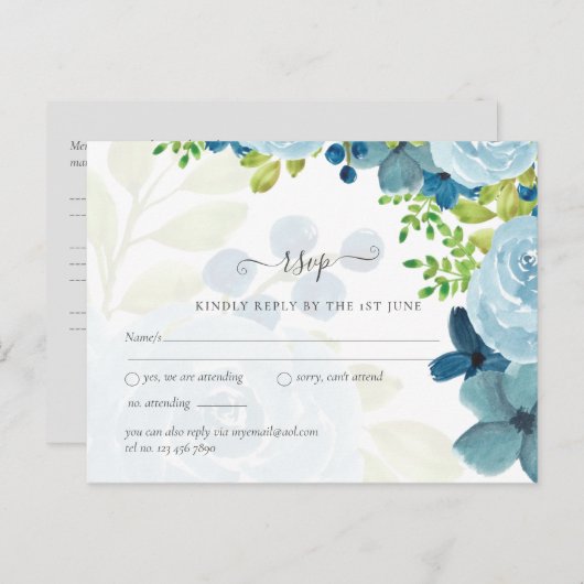 Carte Postale Budget Fleurs Bleu Poussiéreux Mariage Sage (Devant / Derrière)