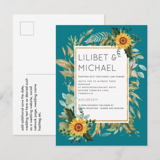 Carte Postale Budget Fleurs de soleil rustiques BOHO Mariage ver (Devant / Derrière)