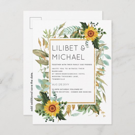 Carte Postale Budget Fleurs de soleil rustiques BOHO Mariage ver (Devant / Derrière)
