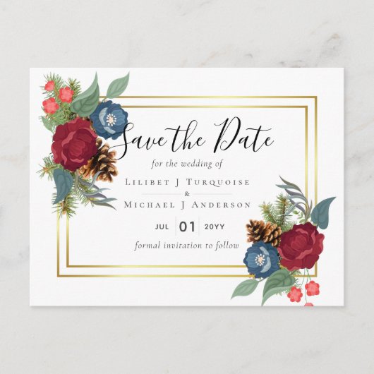 Carte Postale BUDGET Mariage d'hiver Bourgogne Bleu sarcelle Mod (Devant)