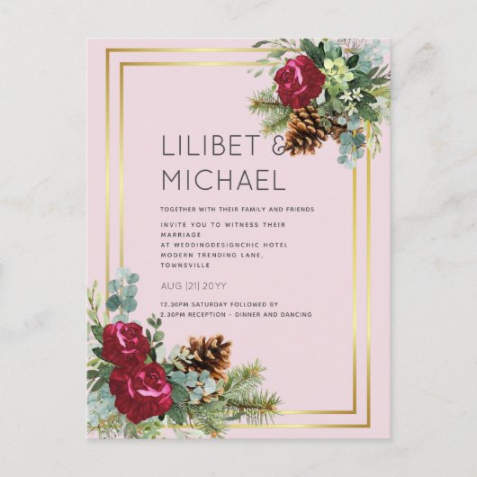 Carte Postale BUDGET Mariage d'hiver Rose Bourgogne Eucalyptus (Devant)