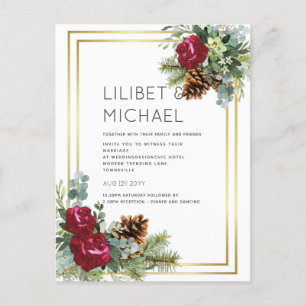 Carte Postale BUDGET Mariage d'hiver Rose Bourgogne Eucalyptus