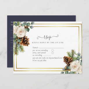 Carte Postale BUDGET Mariage d'hiver Roses blanches Or Dusty Ble