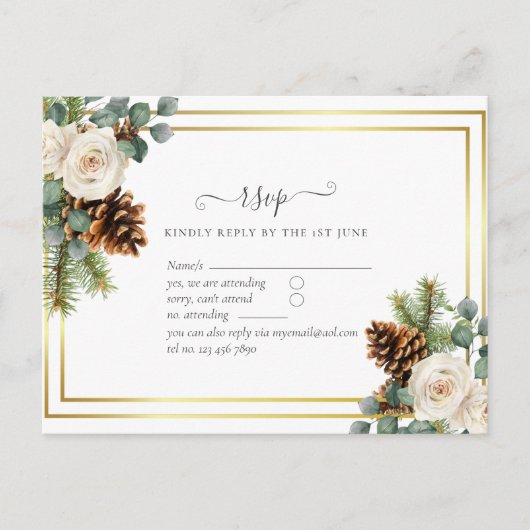 Carte Postale BUDGET Mariage d'hiver Roses blanches Or Dusty Ble (Devant)