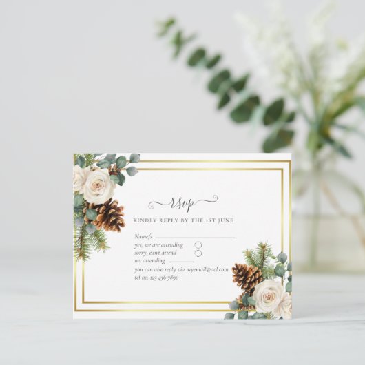 Carte Postale BUDGET Mariage d'hiver Roses blanches Or Dusty Ble (Debout devant)