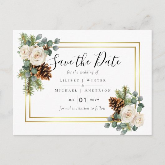 Carte Postale BUDGET Mariage d'hiver Roses blanches Or Dusty Ble (Devant)