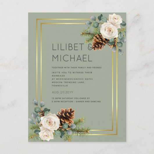 Carte Postale BUDGET Mariage d'hiver Roses blanches Or Dusty Ble (Devant)