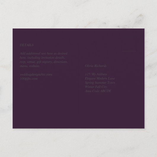 Carte Postale BUDGET Mariage PLUM PURPLE Monochrome Simple (Dos)