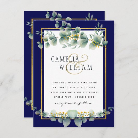 Carte Postale BUDGET MARINE OR Eucalyptus Mariage Inviter QR COD (Devant / Derrière)