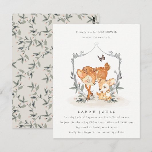 Carte Postale Budget Mum Deer Fawn Floral Crest Baby shower (Devant / Derrière)