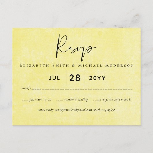 Carte Postale BUDGET Orange Yellow Script Mariage (Devant)
