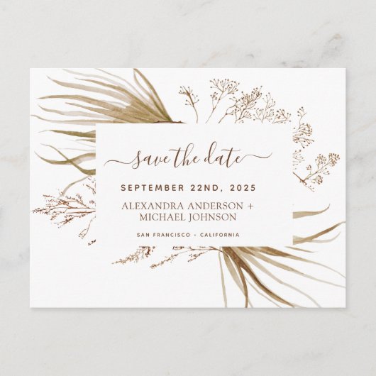 Carte Postale Budget Pampas Grass Boho Enregistrer la date (Devant)