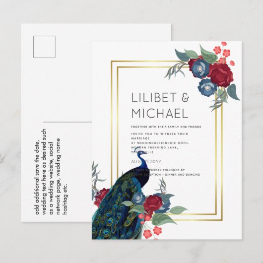 Carte Postale BUDGET Peacock Bleu Bourgogne Mariage de automne d (Devant / Derrière)