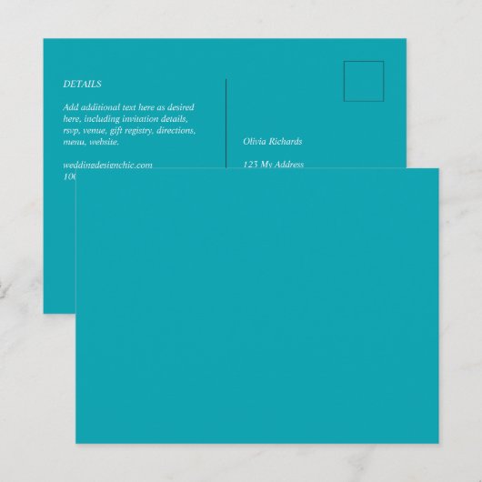 Carte Postale BUDGET Peacock Blue Turquoise Monochrome Mariage (Devant / Derrière)