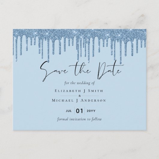Carte Postale Budget Pretty Girly BLUE Glitter Mariage Save The (Devant)