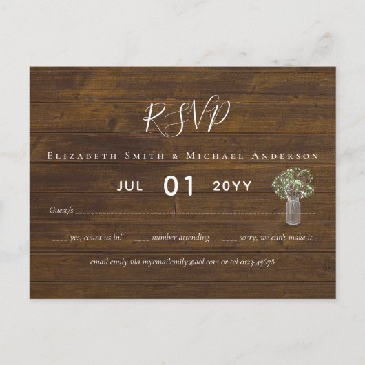 Carte Postale Budget Rustique Gypsophila Mason Jar Wedding RSVP (Devant)