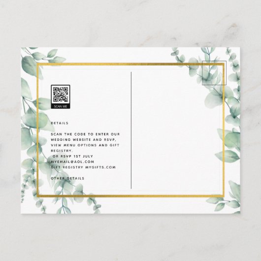 Carte Postale BUDGET Vert Faire-part de mariage QR CODE RQR RSVP (Dos)