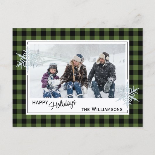 Carte Postale Buffalo Plaid Lumberjack Noir Vert & Flocons de Ne (Devant)