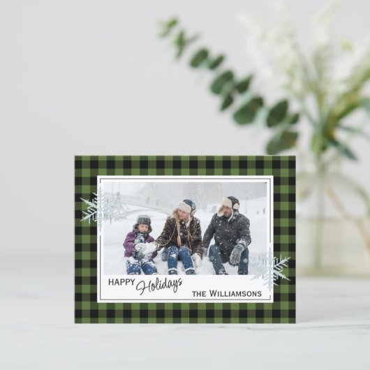 Carte Postale Buffalo Plaid Lumberjack Noir Vert & Flocons de Ne (Debout devant)