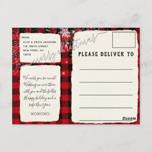 Carte Postale Buffalo Plaid Neige Joyeux Script de Noël