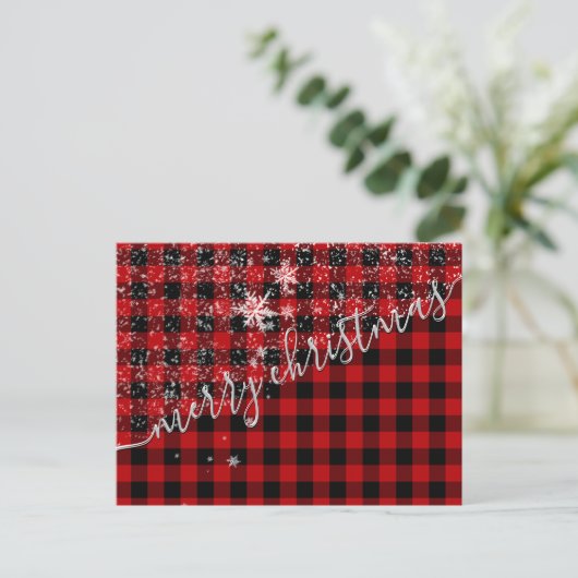 Carte Postale Buffalo Plaid Neige Joyeux Script de Noël (Debout devant)