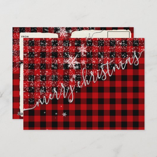 Carte Postale Buffalo Plaid Neige Joyeux Script de Noël (Devant / Derrière)