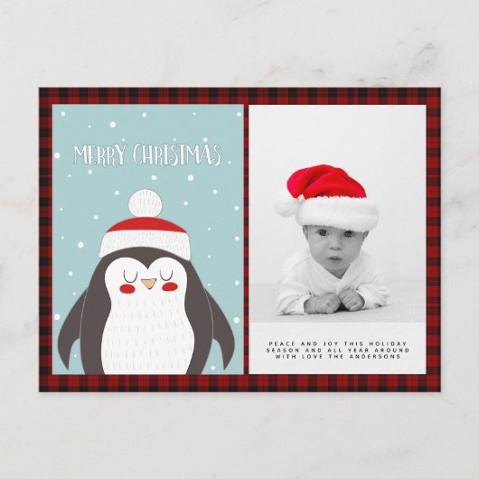 Carte Postale Buffalo Plaid Photo Noël Pingouin Folkart (Devant)