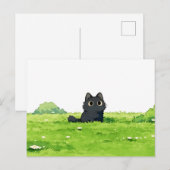 Carte Postale Buisson Vert Fluffy Mignon Chat Noir (Devant / Derrière)
