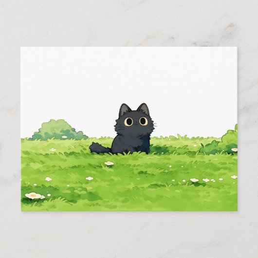 Carte Postale Buisson Vert Fluffy Mignon Chat Noir (Devant)