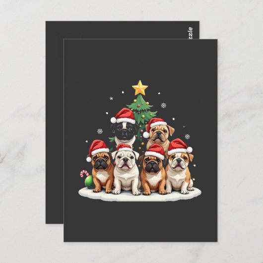 Carte Postale Bulldog Christmas Tree Santa Hat Puppy Amateurs (Devant / Derrière)