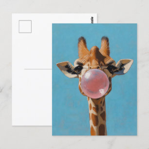 Carte Postale Bulle de bulle rose de girafe