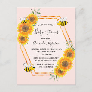 Carte Postale Bumble abeille rose or baby shower floral  invitat