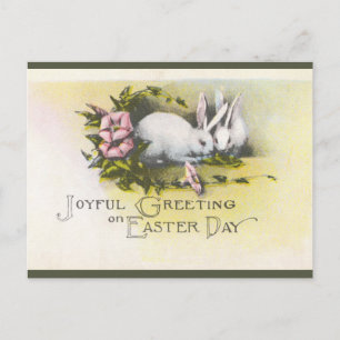 Carte Postale Bunnies vintages Avec Fleurs Roses Pâques