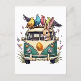 Carte Postale Bunny de Pâques dans un bus avec des amis d'oiseau