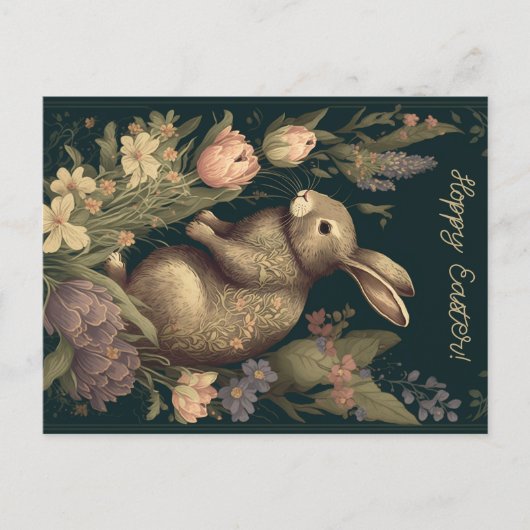 Carte Postale Bunny Hop Floral : Salutations de Pâques antiques, (Devant)