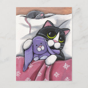 Carte Postale Bunny Hugz   Tuxedo Cat et Toy Bunny Illustration