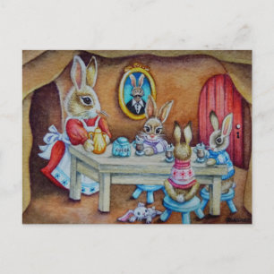 Carte Postale Bunny Rabbit Famille de cacao chaud Bref aquarelle