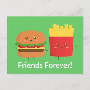 Carte Postale Burger et frites mignons et heureux, amis pour tou