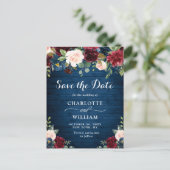 Carte Postale Burgundy Bleu Blush Floral Wedding Enregistrer la  (Debout devant)