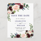Carte Postale Burgundy Bleu Blush Floral Wedding Enregistrer la (Devant)