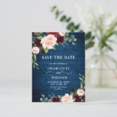 Carte Postale Burgundy Bleu Blush Floral Wedding Enregistrer la  (Debout devant)