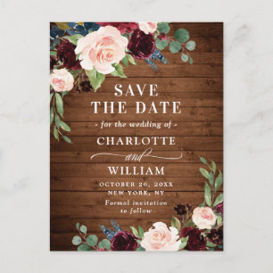 Carte Postale Burgundy Bleu Blush Mariage rustique Enregistrer l