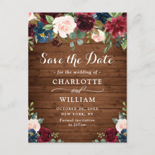 Carte Postale Burgundy Bleu Blush Mariage rustique Enregistrer l