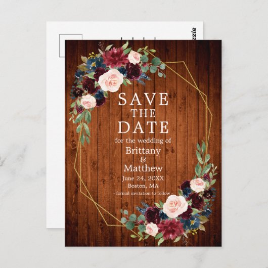 Carte Postale Burgundy Blue Floral Wood Geo Frame Enregistrer la (Devant / Derrière)