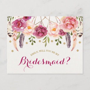 Carte Postale Burgundy Blush Boho Floral Be My Bridesmaid Card