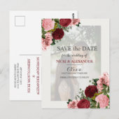 Carte Postale Burgundy Blush Pink Faded Photo Mariage Date de sa (Devant / Derrière)